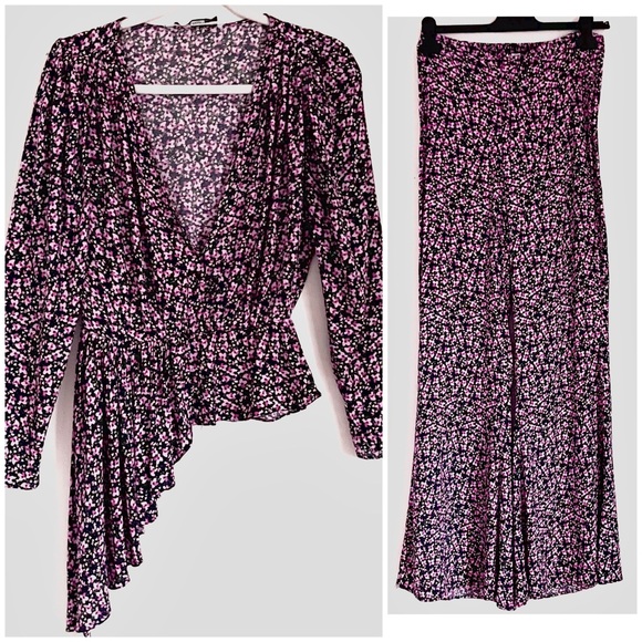 Zara Pink Floral Flare Pants And Boho Asymmetric Peplum Blouse 2 Piece Set EUC - Picture 6 of 16